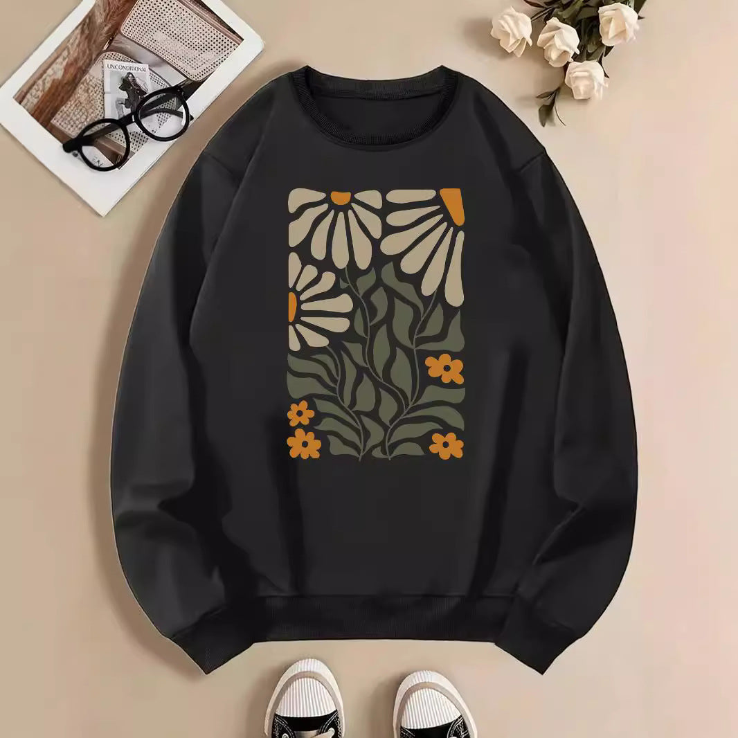 Pull à manches longues et col rond avec imprimé fleurs et plantes pour femme