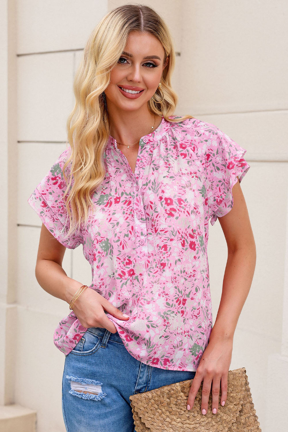 Multicolor Floral Mandarin Collar Top