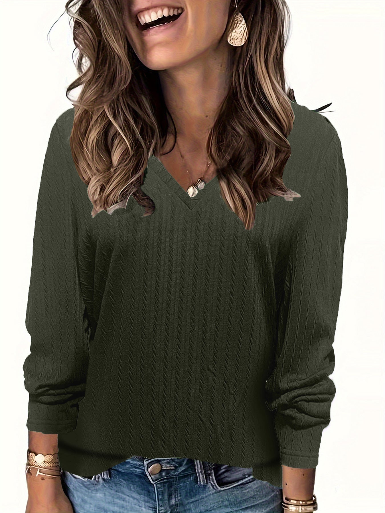 V-neck Loose Sunken Stripe Long-sleeved T-shirt Top