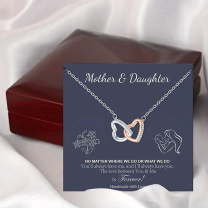 Collier bicolore pavé de diamants cœur à cœur à double maillons, coffret cadeau pour maman ou fille