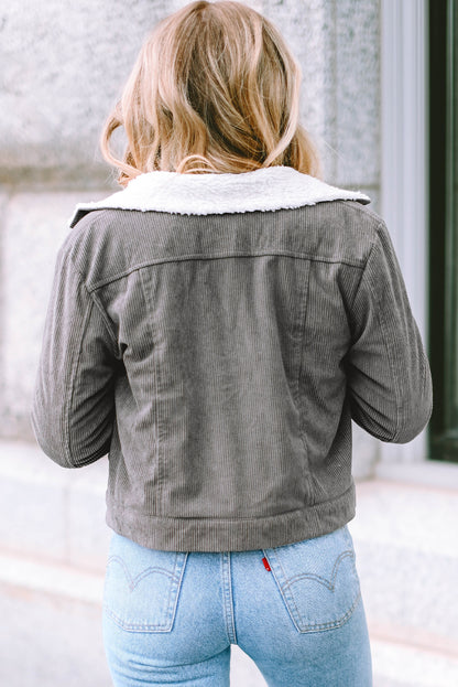 Gray Corduroy Sherpa Snap Button Flap Jacket