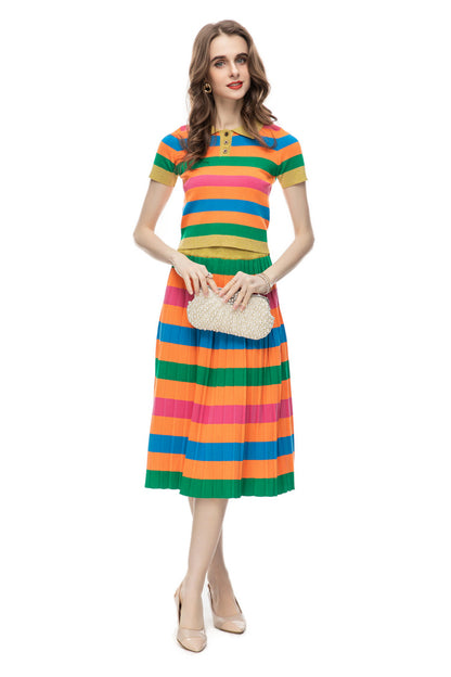 Ensemble de robe mi-longue en tricot coloré pour femmes, décontracté, imprimé, à la mode, haut rayé