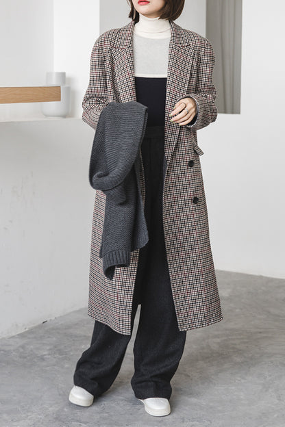 MoMo foam, autumn bird, plaid coat, women''s medium length, double breasted, cashmere coat.