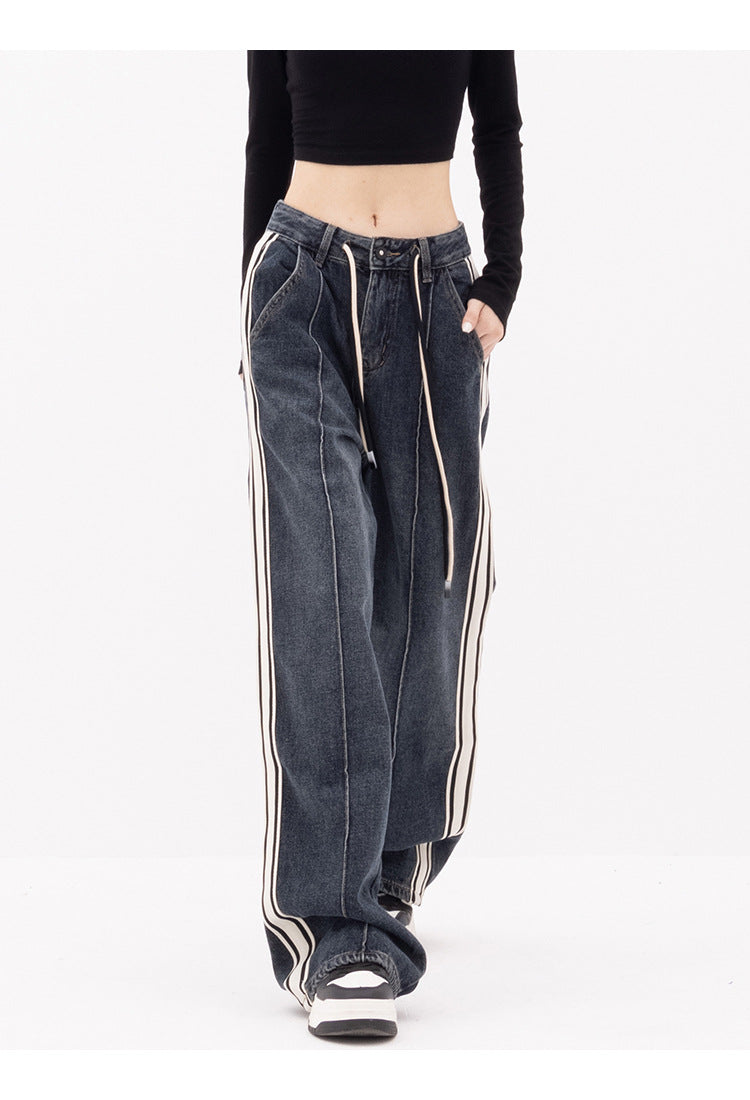 Women's Straight Striped Loose Wide-leg Jeans