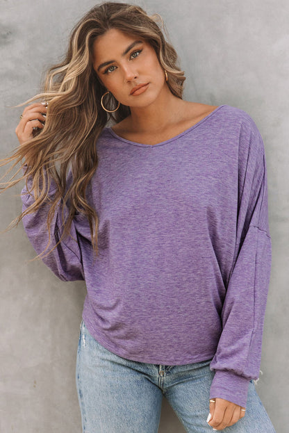 Purple Plain Tie Back Drop Shoulder Long Sleeve Top