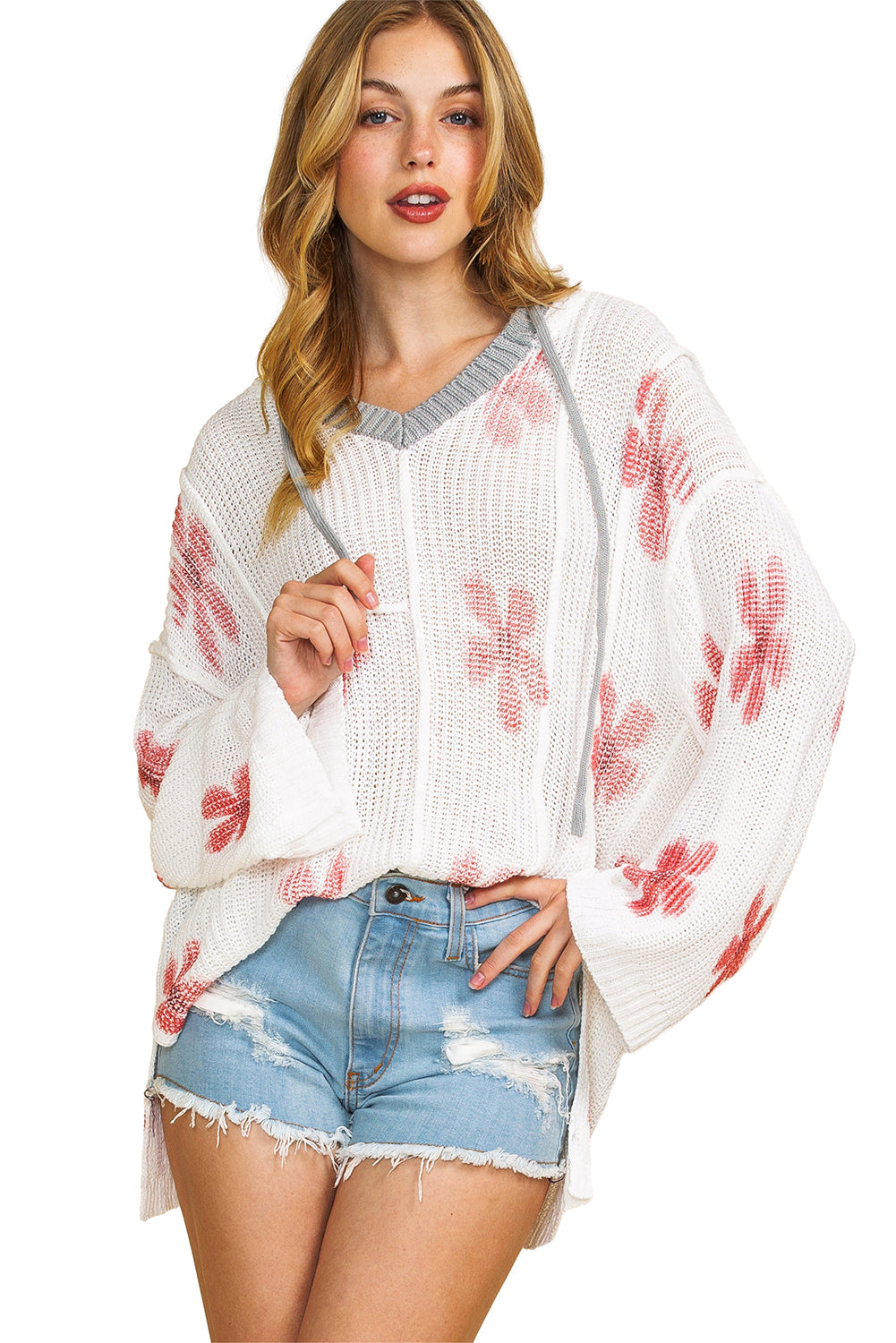 White Floral Print Oversized Knit Hooded Sweater