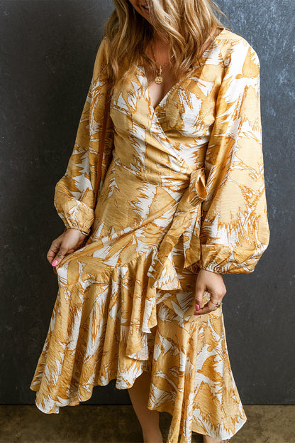 Yellow Long Sleeve Boho Flounce Hem Wrap Dress