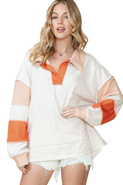 Orange Patchwork V Neck Collared Long Sleeve Top