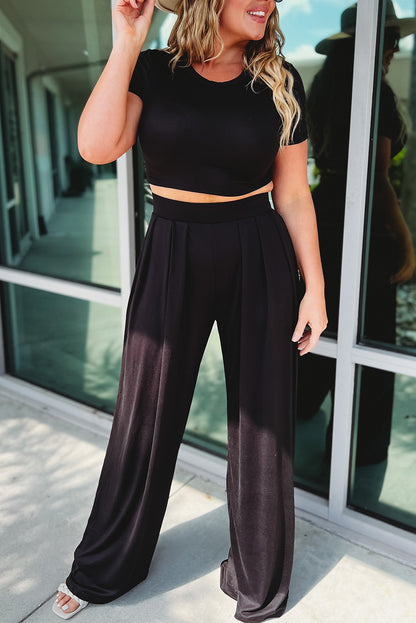 Black Plus Size Crop T-Shirt and Pleated Wide Leg Pants Set