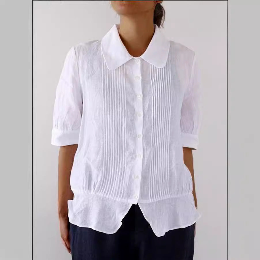 Women's Casual Pleated Peter Pan Collar Short Sleeve Shirt