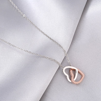 Collier bicolore pavé de diamants cœur à cœur à double maillons, coffret cadeau pour maman ou fille