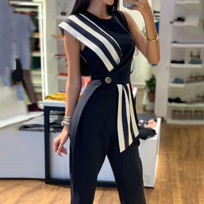 Women's Fashion Temperament Striped Print Button Waist Suit