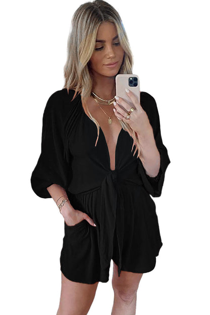 Beige Tie Knot Puff Long Sleeve Romper