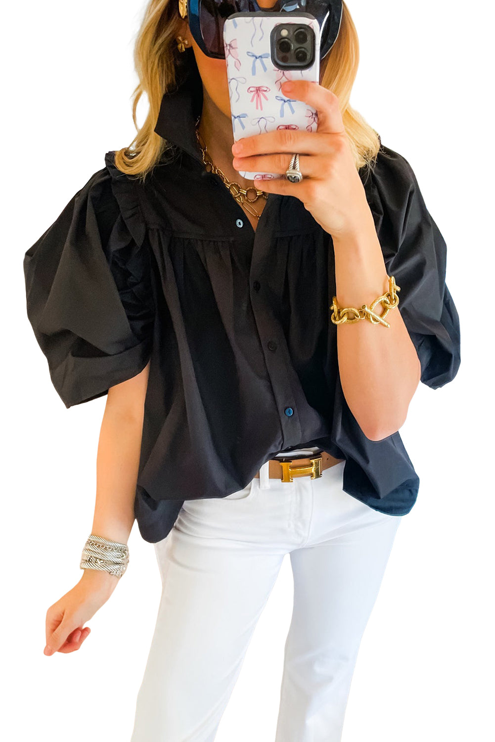 Black Ruched Puff Sleeve Loose Shirt