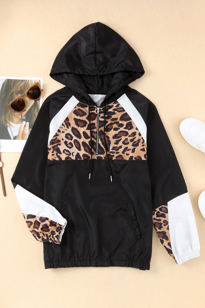 Black Leopard Print Contrast Stitching Hoodie