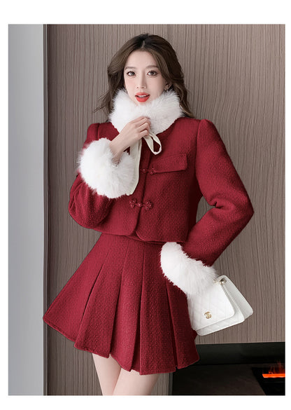 Classic Style Puffer Jacket High Waist Pleated Skirt Two-piece Set