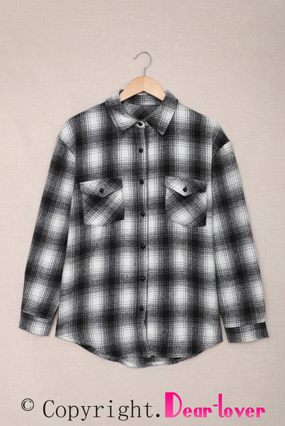 Black Buttons Pocketed Plaid Shacket