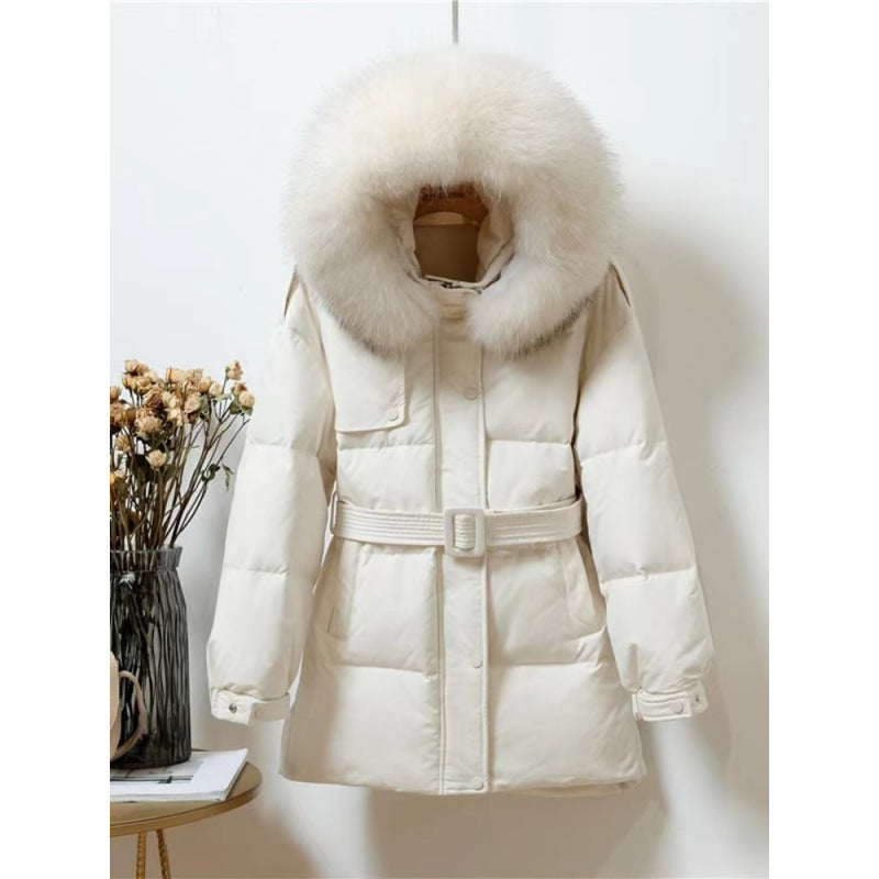 All-matching Hooded Warm Big Fur Collar Casual Mid-length Down Jacket