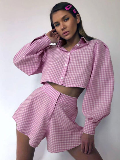 Women's Fashion Casual Plaid Shirt Shorts Set