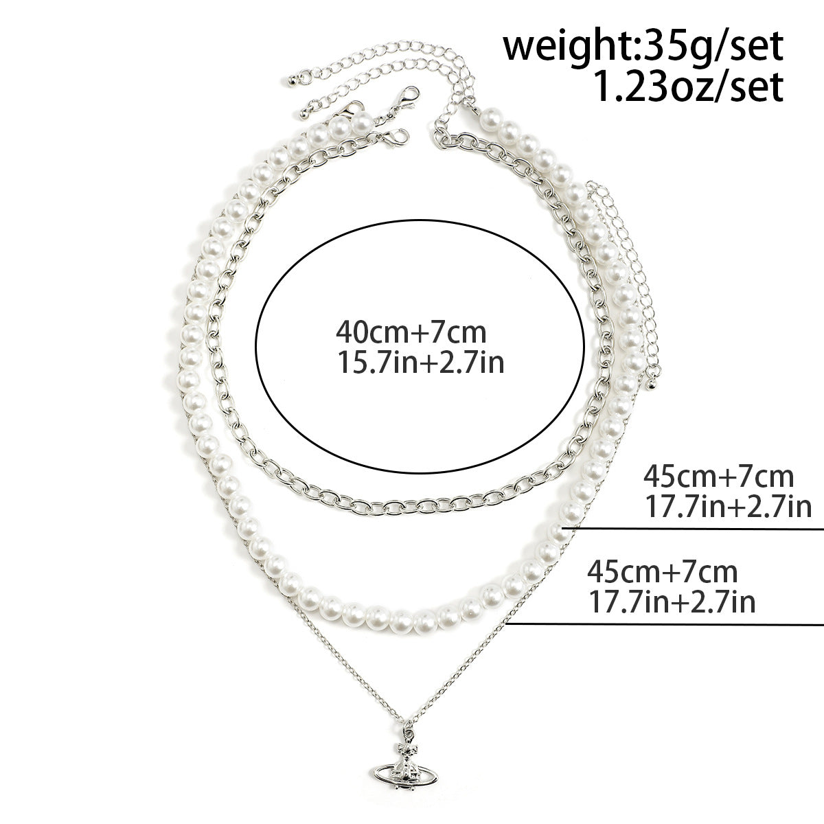 Trendy simple pearl chain with cross planet three-layer design all-match necklace