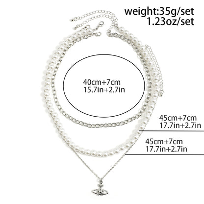 Trendy simple pearl chain with cross planet three-layer design all-match necklace