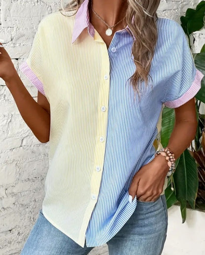 Striped Print Button Front Short Sleeved Shirt