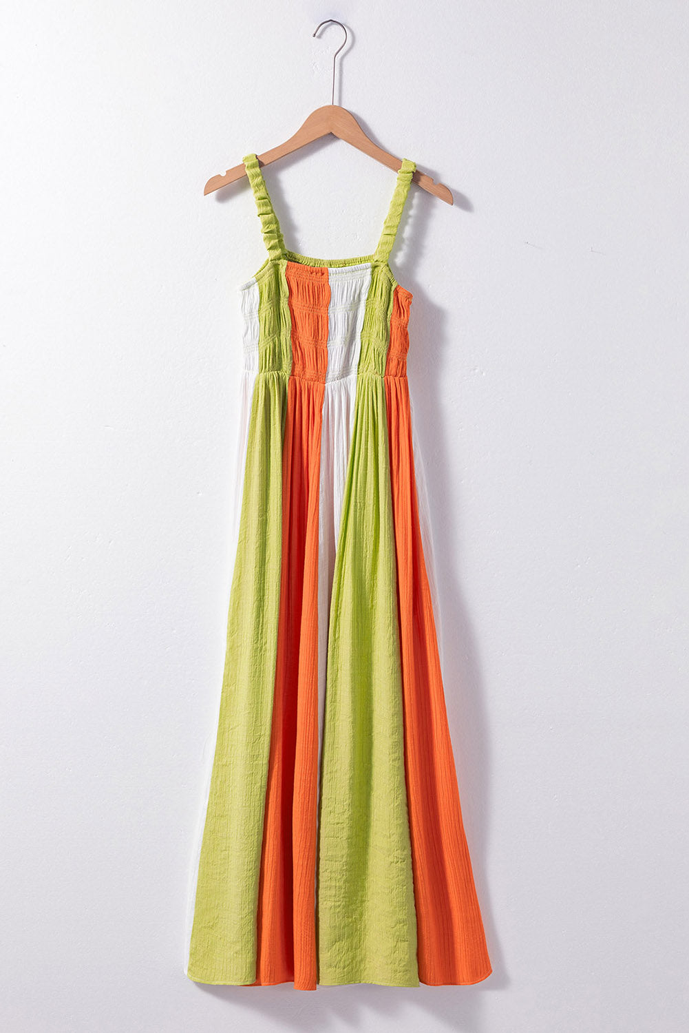 Green Color Block Shirred High Waist Pleated Maxi Dress