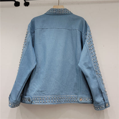 Denim Coat Women's Loose Slimming Super Heavy Work Full Diamond Jacket Top