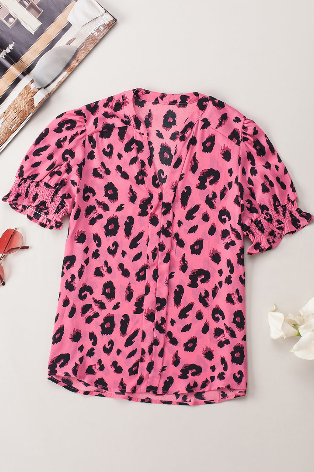 Pink Leopard Print V Neck Smocked Puff Sleeve Blouse