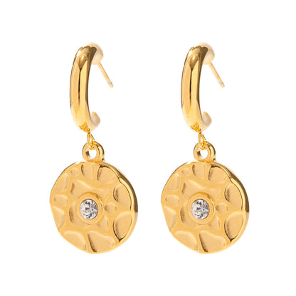 18K Gold Exquisite Noble Geometric Texture Inlaid Diamond Round Earrings