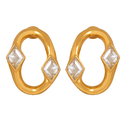 18K gold trendy personality irregular oval inlaid zircon design all-match earrings