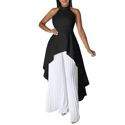 Fashion Casual Set Summer Socialite Private Wear Backless Top Pleated Wide-leg Trousers