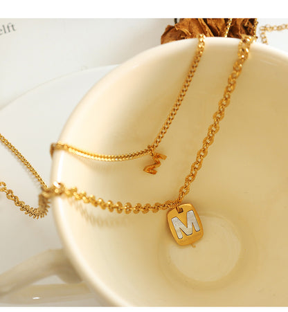 18K Gold Exquisite Letter M Square Plate Hollow Design Pendant Necklace