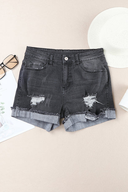 Distressed Ripped Rolled Hem Sky Blue Denim Shorts