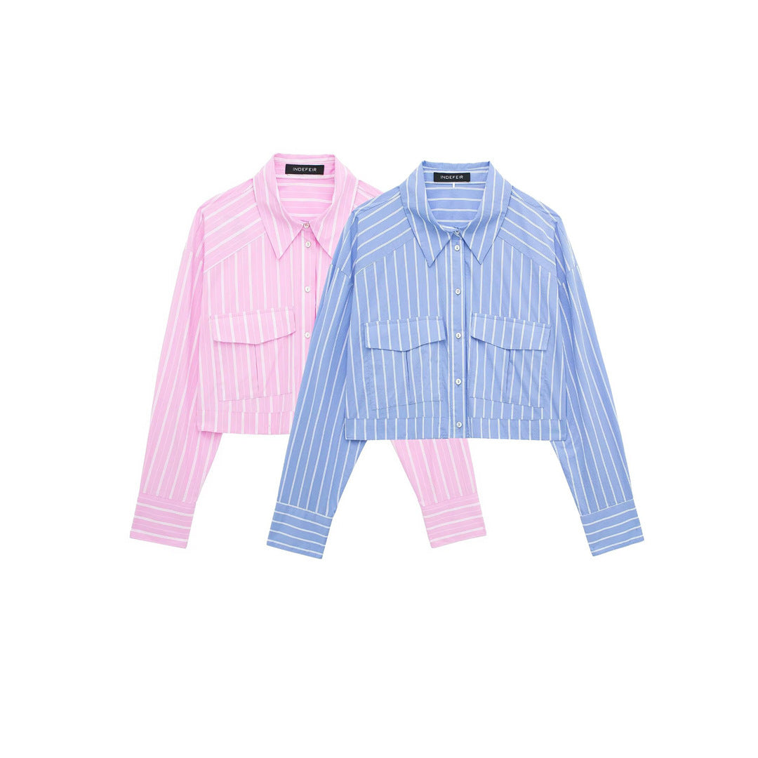 European And American Style Fashionable All-match Striped Short Style Long-sleeved Shirt