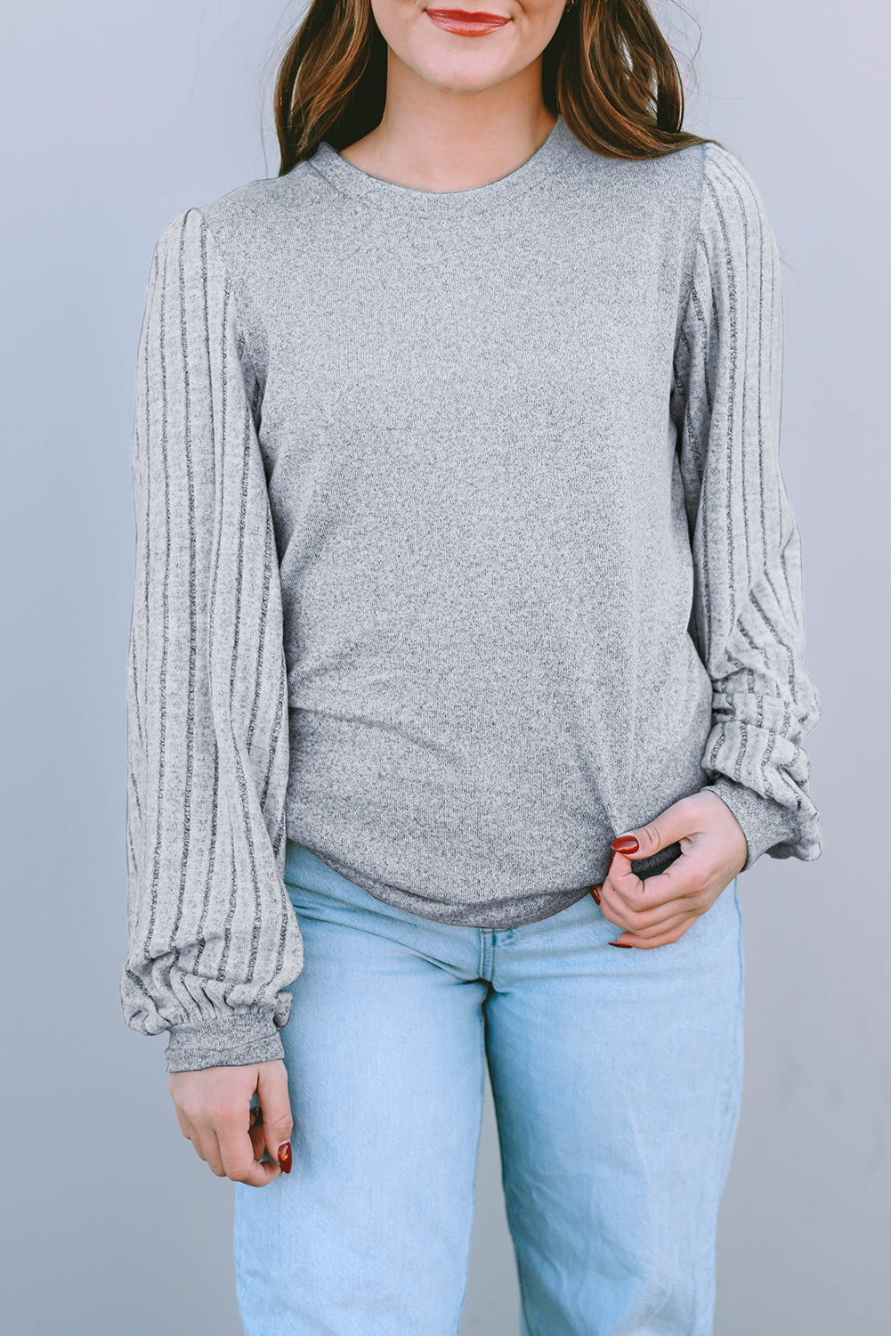 Gray Solid Color Contrast Ribbed Bishop Sleeve Top