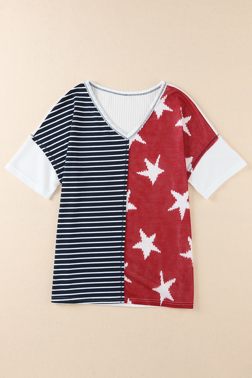 Dark Blue Stripes Stars Print Knit V Neck Short Sleeve Top