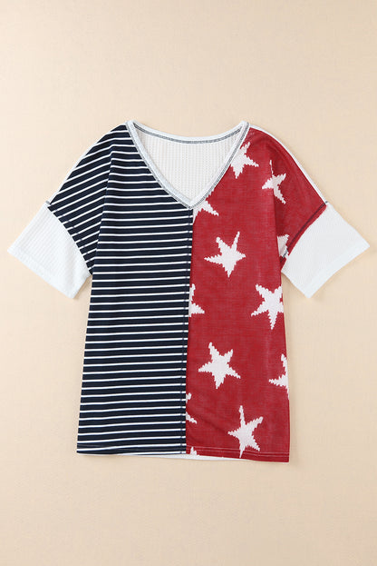 Dark Blue Stripes Stars Print Knit V Neck Short Sleeve Top