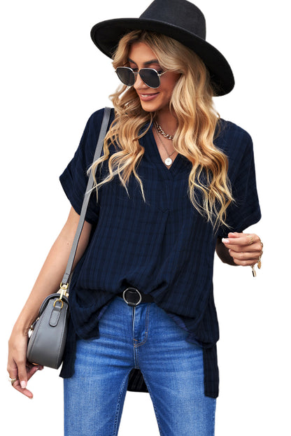 Navy Plaid Print Loose V Neck Short Sleeve Shirt with Slits