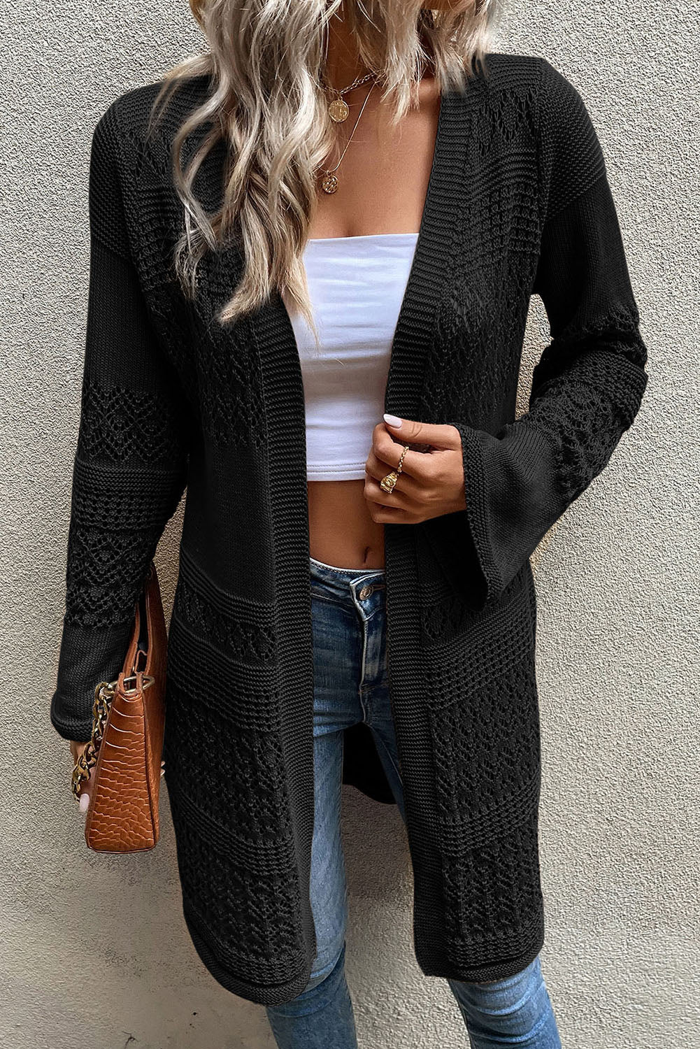 Gray Pointelle Knit Open Front Long Cardigan