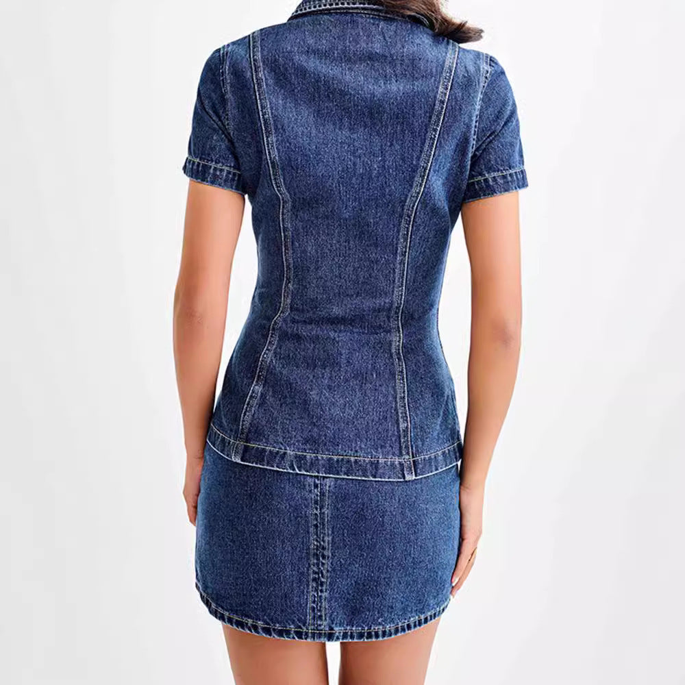 Tenue européenne et américaine en denim avec haut slim à manches courtes et jupe fourreau