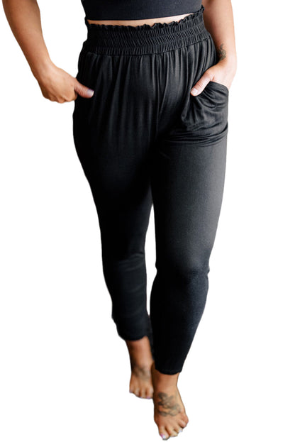 Pantalon doux smocké taille haute avec poches noir grande taille