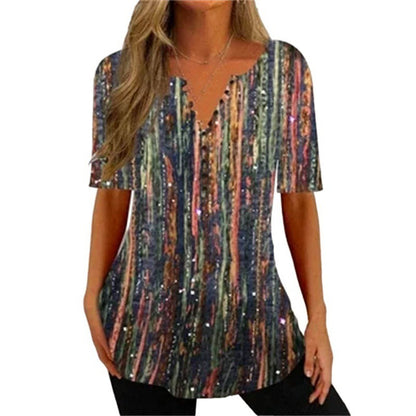 Women's Digital Printed V-neck Button Short-sleeved Top