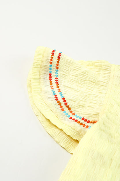 Yellow Geometric Embroidery Ruffles V Neck Textured Top