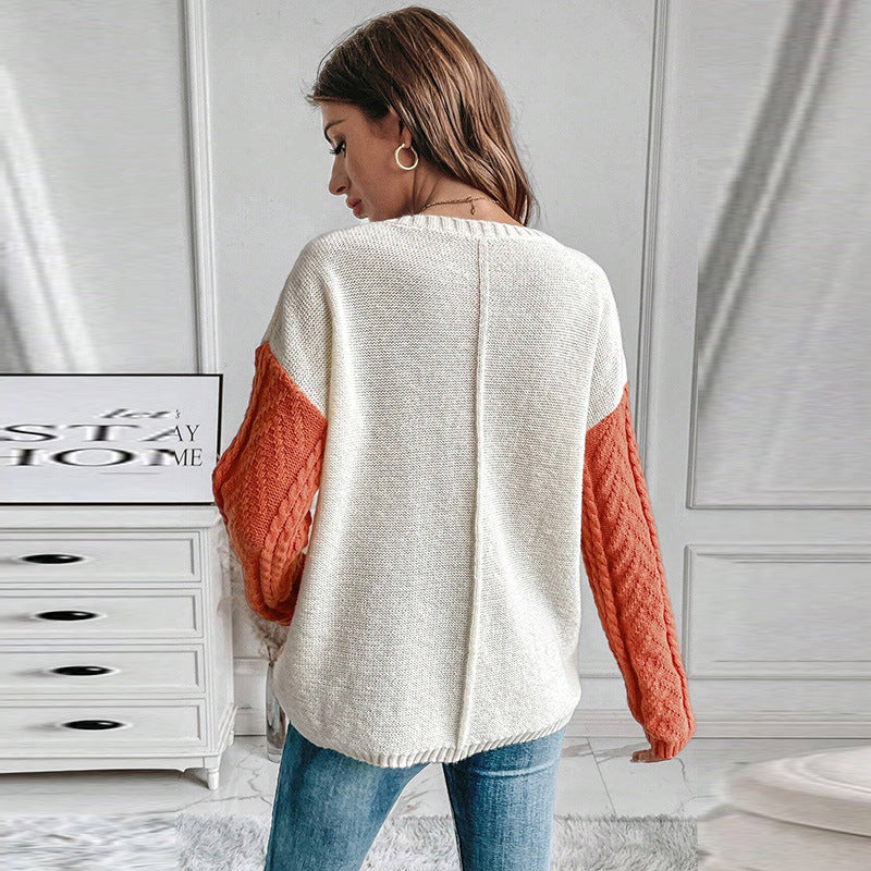 Pull en laine à col rond et manches longues pour femme, tendance et polyvalent, couleur contrastée