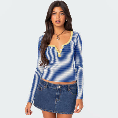 Pull rayé de couleur contrastée T-shirt slim boutonné pour femme