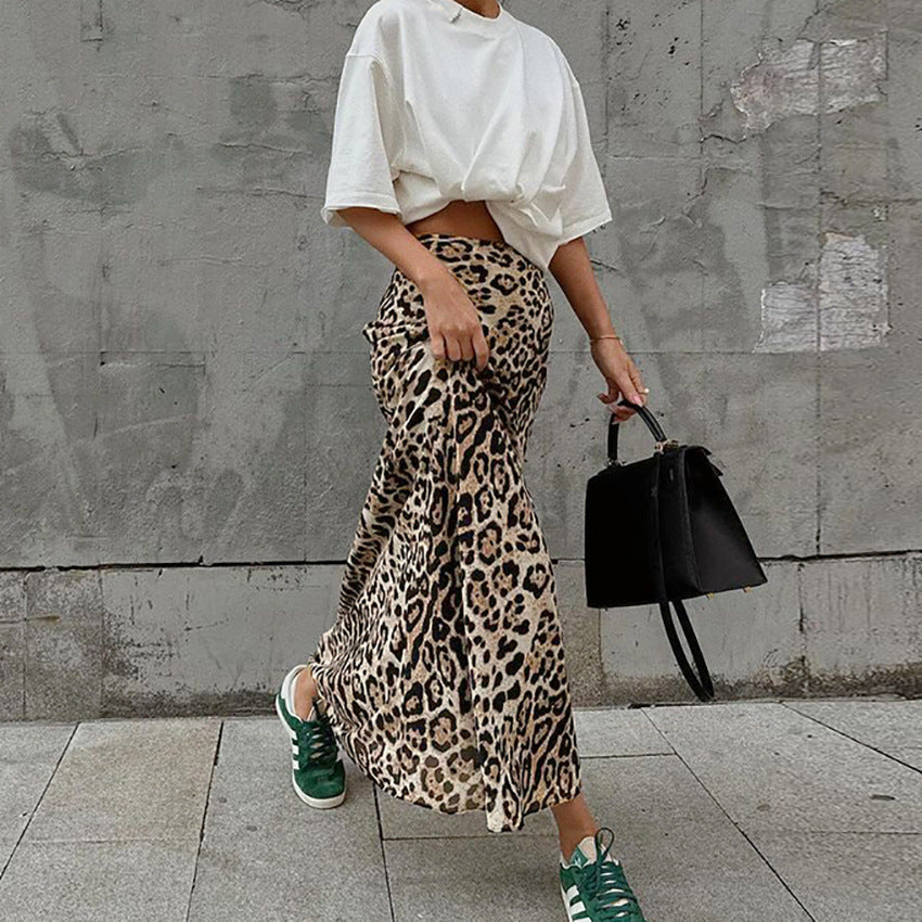 Fashion Brown Leopard Print A- Line Skirt European And American Street Drape