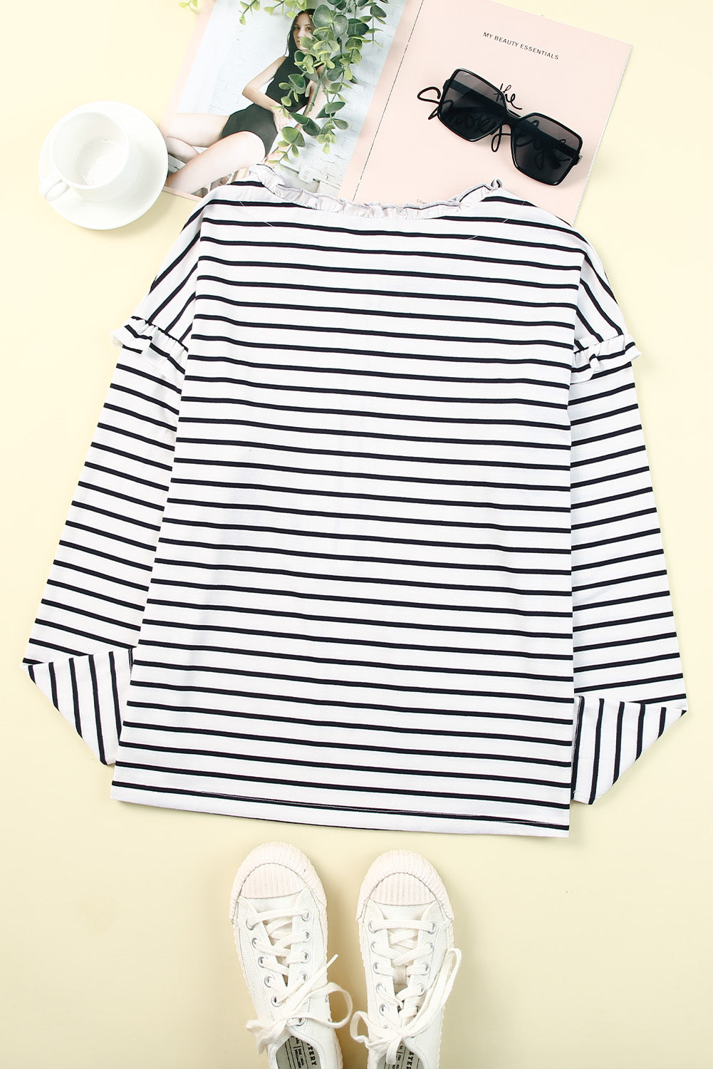 Black Striped Print Ruffled Buttoned Long Sleeve Top