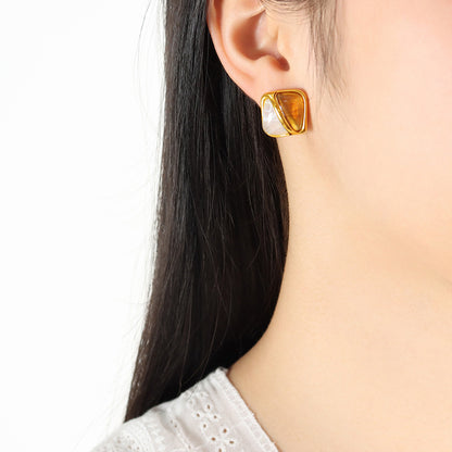 18K Gold Retro Fashion Square Inlaid Gemstone Design Light Luxury Style Earrings