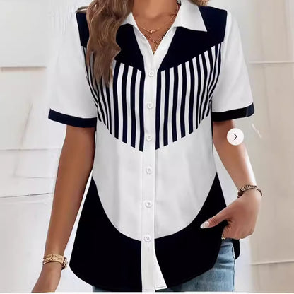 Striped Print Button Front Short Sleeved Shirt